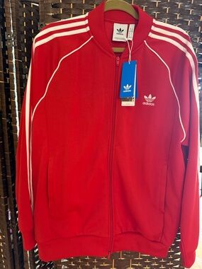 adidas Red Track Jacket with White Stripe Accents